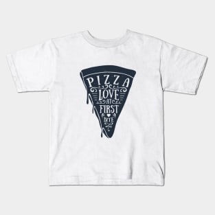 Hand Drawn Pizza Slice. Love At First Bite. Lettering Kids T-Shirt